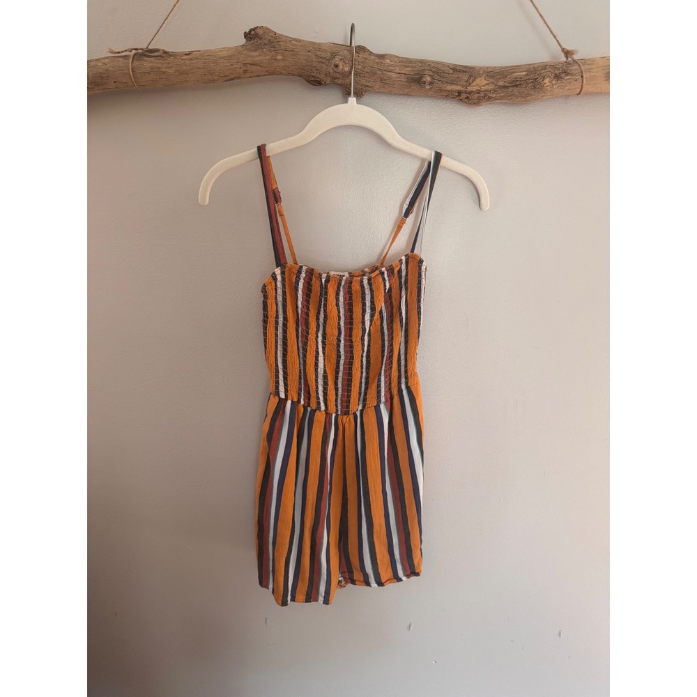 Garage Women XS Orange Striped Smocked Bodice Romper Adjustable Straps Summer